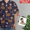 Halloween Custom Face With Skull Hawaiian Shirts For Men, Spooky Aloha Shirt, Flying Bat Unisex Button Up Short Sleeve, Personalized Costume