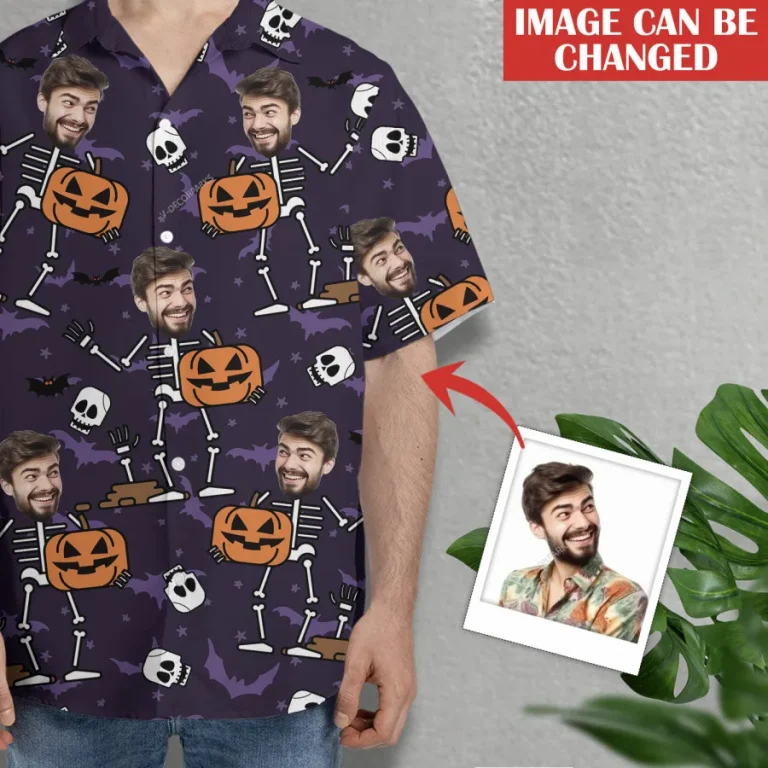 Halloween Custom Face With Skull Hawaiian Shirts For Men, Spooky Aloha Shirt, Flying Bat Unisex Button Up Short Sleeve, Personalized Costume