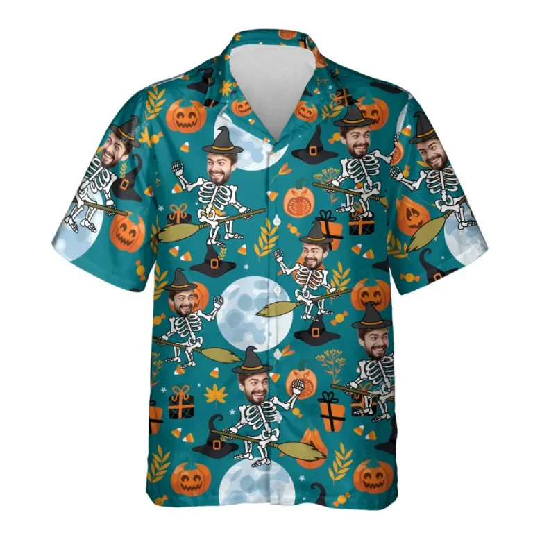 Halloween Personalized Face Candled Pumpkin Hawaiian Shirt For Men, Moon Aloha Shirt, Unisex Button Up Short Sleeve, Halloween Custom Costume
