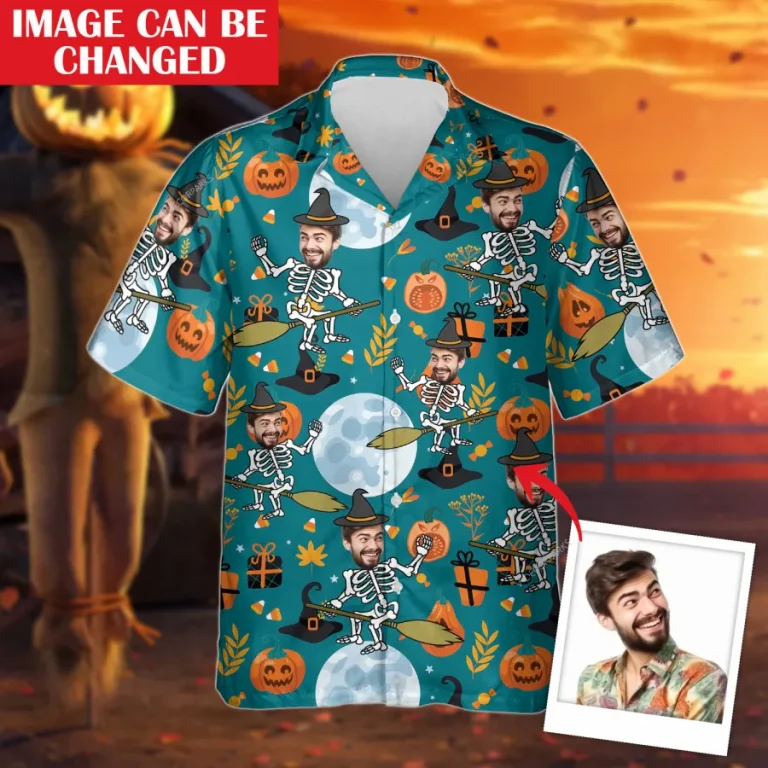 Halloween Personalized Face Candled Pumpkin Hawaiian Shirt For Men, Moon Aloha Shirt, Unisex Button Up Short Sleeve, Halloween Custom Costume