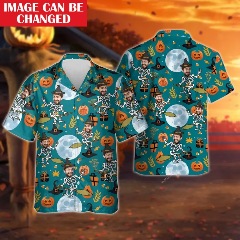 Halloween Personalized Face Candled Pumpkin Hawaiian Shirt For Men, Moon Aloha Shirt, Unisex Button Up Short Sleeve, Halloween Custom Costume