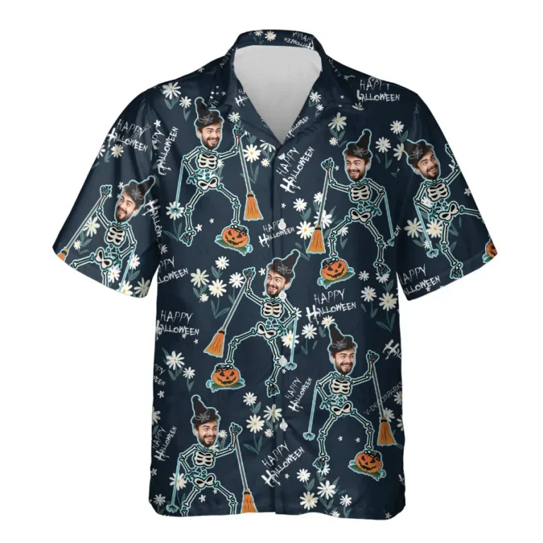 Custom Face Witch Skeleton Unisex Hawaiian Shirt, Halloween Funny Hawaiian Shirt, Scary Men's Button Up Short Sleeve, Custom Costume
