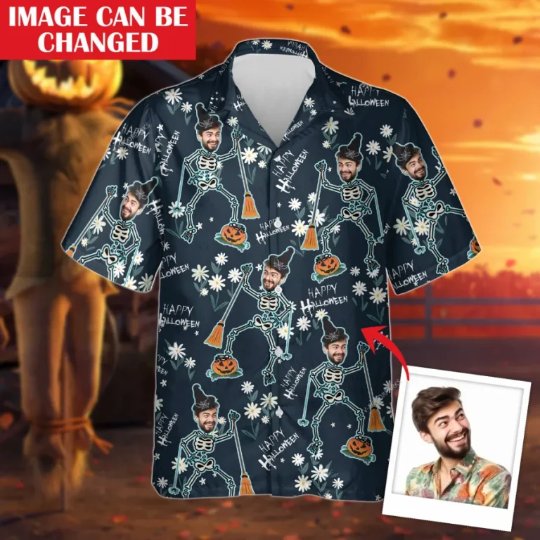 Custom Face Witch Skeleton Unisex Hawaiian Shirt, Halloween Funny Hawaiian Shirt, Scary Men's Button Up Short Sleeve, Custom Costume