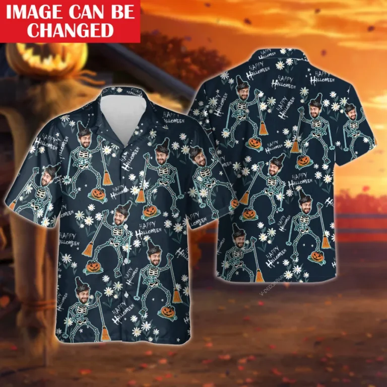 Custom Face Witch Skeleton Unisex Hawaiian Shirt, Halloween Funny Hawaiian Shirt, Scary Men's Button Up Short Sleeve, Custom Costume