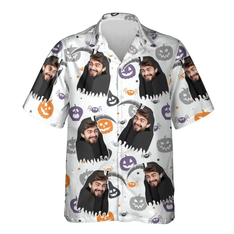 Custom Your Face On Grim Reaper Hawaii Shirt, Multicolored Pumpkin Lantern Hawaiian Shirt, Dark Tomb Pattern Men's Aloha Short Sleeve, Custom Costume