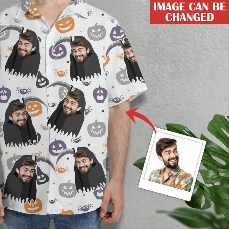 Custom Your Face On Grim Reaper Hawaii Shirt, Multicolored Pumpkin Lantern Hawaiian Shirt, Dark Tomb Pattern Men's Aloha Short Sleeve, Custom Costume
