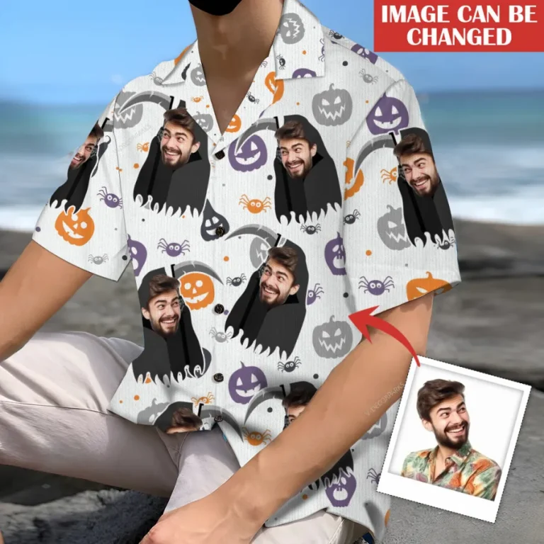Custom Your Face On Grim Reaper Hawaii Shirt, Multicolored Pumpkin Lantern Hawaiian Shirt, Dark Tomb Pattern Men's Aloha Short Sleeve, Custom Costume