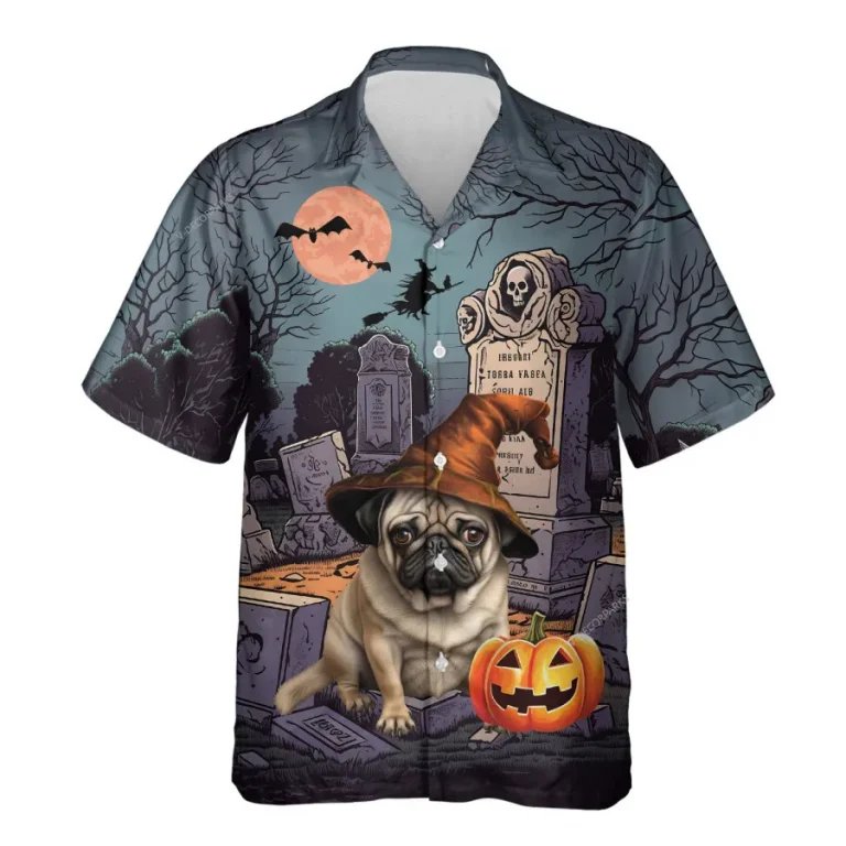 Pug Wears Witch Hat Hawaiian Shirts For Men Women, Funny Pet Printed Hawaii Shirt, Burial Ground Men's Button Up Short Sleeves, Witch Costume