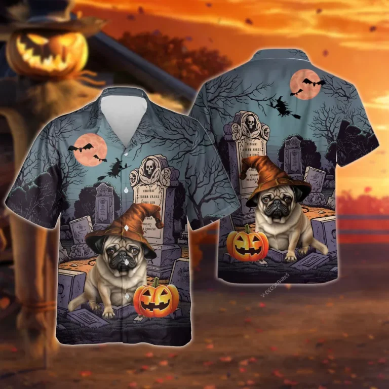 Pug Wears Witch Hat Hawaiian Shirts For Men Women, Funny Pet Printed Hawaii Shirt, Burial Ground Men's Button Up Short Sleeves, Witch Costume