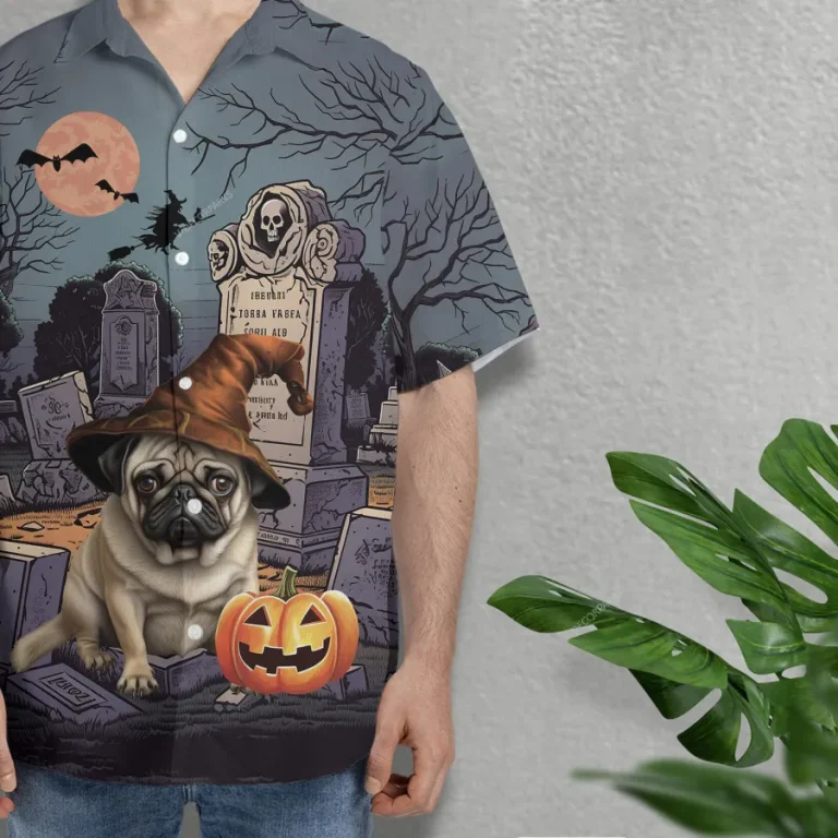 Pug Wears Witch Hat Hawaiian Shirts For Men Women, Funny Pet Printed Hawaii Shirt, Burial Ground Men's Button Up Short Sleeves, Witch Costume