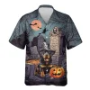 Rottweiler Wears Witch Hat Unisex Hawaiian Shirts, Fierce Dog Printed Aloha Shirt, Cemetery Men's Button Up Short Sleeves, Halloween Costume