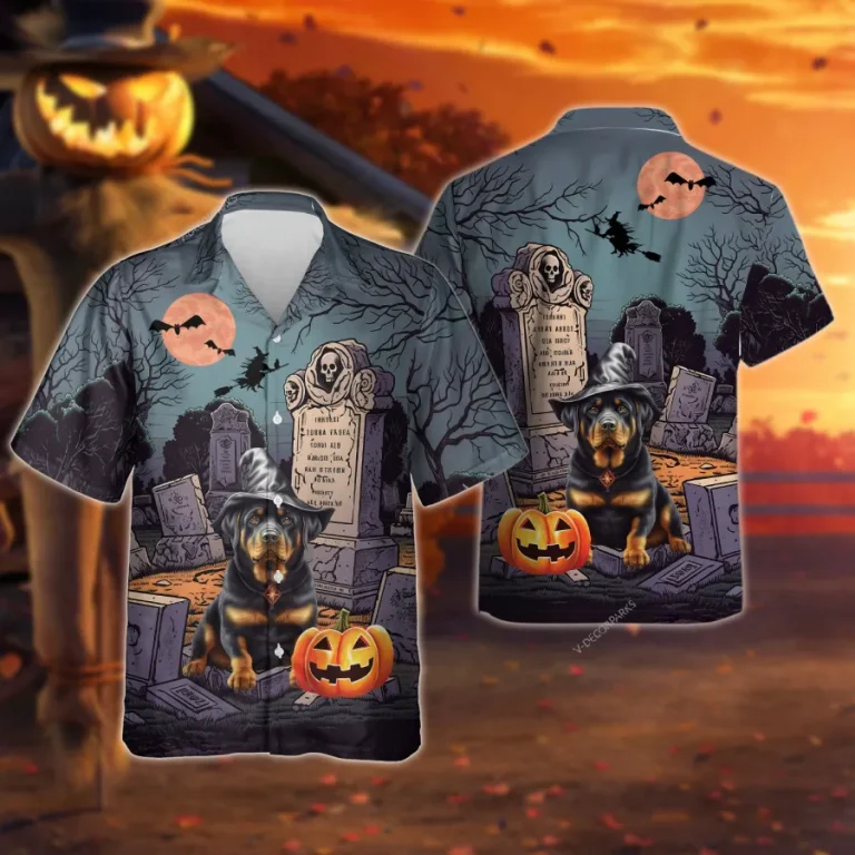 Rottweiler Wears Witch Hat Unisex Hawaiian Shirts, Fierce Dog Printed Aloha Shirt, Cemetery Men's Button Up Short Sleeves, Halloween Costume