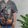 Rottweiler Wears Witch Hat Unisex Hawaiian Shirts, Fierce Dog Printed Aloha Shirt, Cemetery Men's Button Up Short Sleeves, Halloween Costume