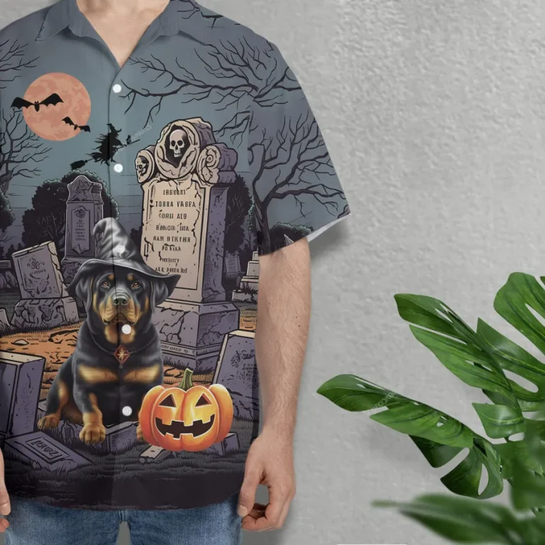 Rottweiler Wears Witch Hat Unisex Hawaiian Shirts, Fierce Dog Printed Aloha Shirt, Cemetery Men's Button Up Short Sleeves, Halloween Costume
