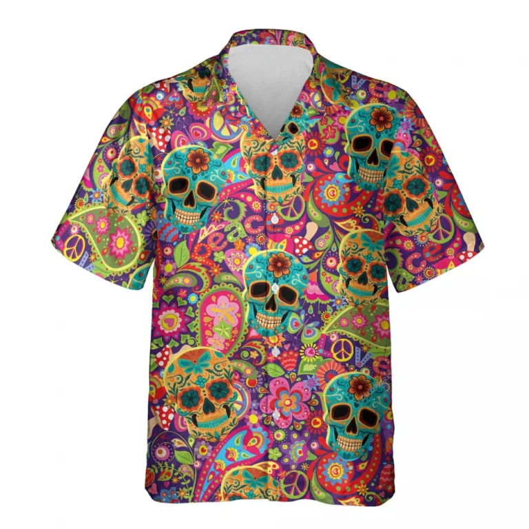 Sugar Skull Hawaiian Shirt For Men Women, Psychedelic Colorful Hawaiian Aloha Shirt, Trippy Unisex Button Down Short Sleeves Shirt