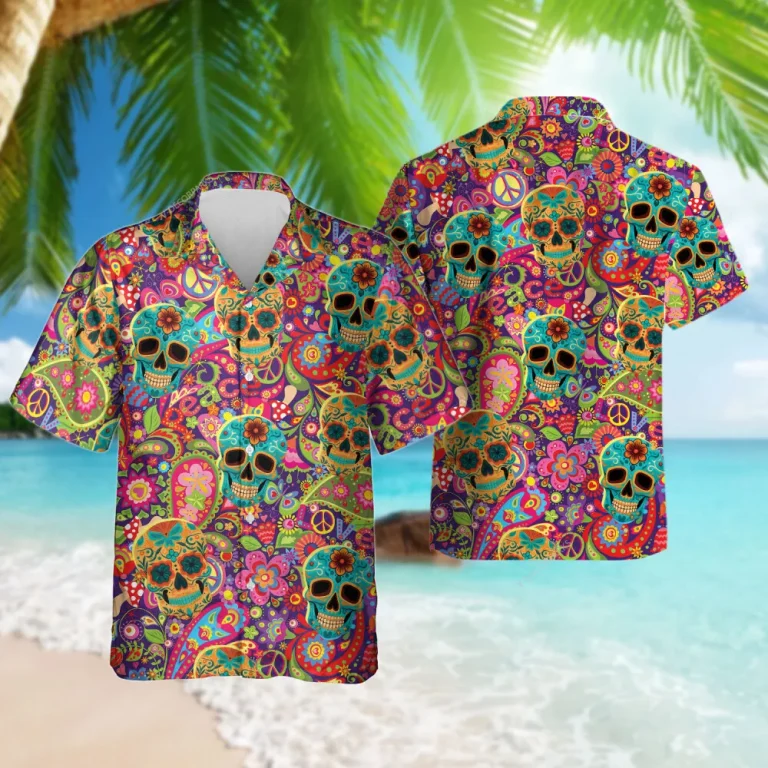 Sugar Skull Hawaiian Shirt For Men Women, Psychedelic Colorful Hawaiian Aloha Shirt, Trippy Unisex Button Down Short Sleeves Shirt