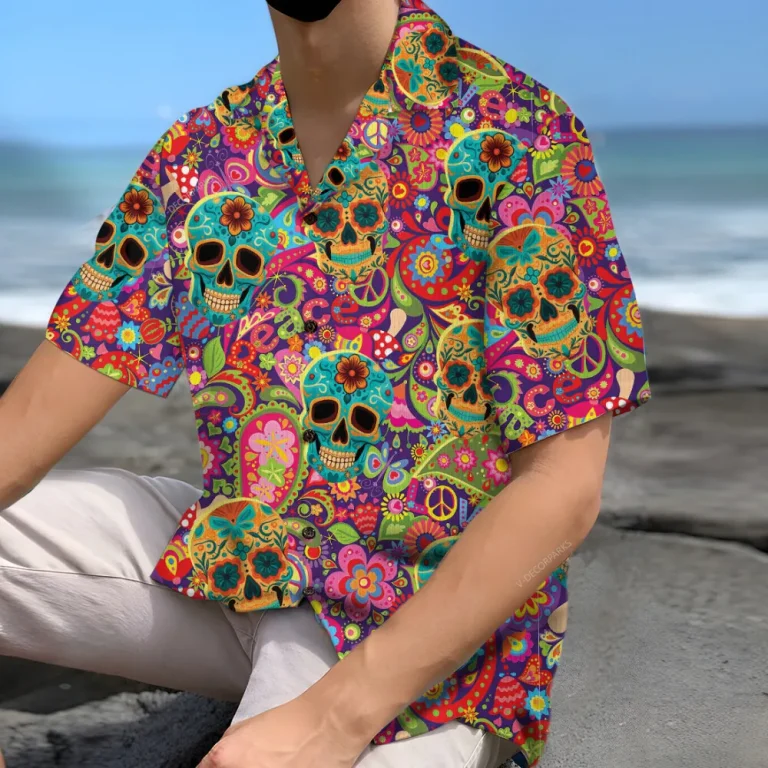 Sugar Skull Hawaiian Shirt For Men Women, Psychedelic Colorful Hawaiian Aloha Shirt, Trippy Unisex Button Down Short Sleeves Shirt