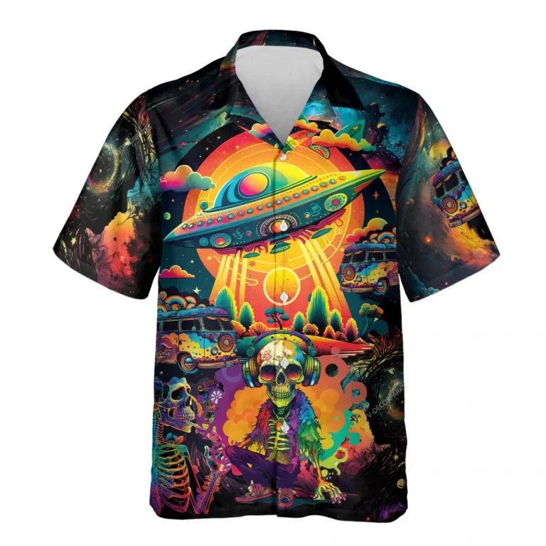Psychedelic Hippie Hawaiian Shirt For Men Women, Psychedelic Skull Summer Aloha Beach Shirt, Ufo Button Down Short Sleeves Shirt