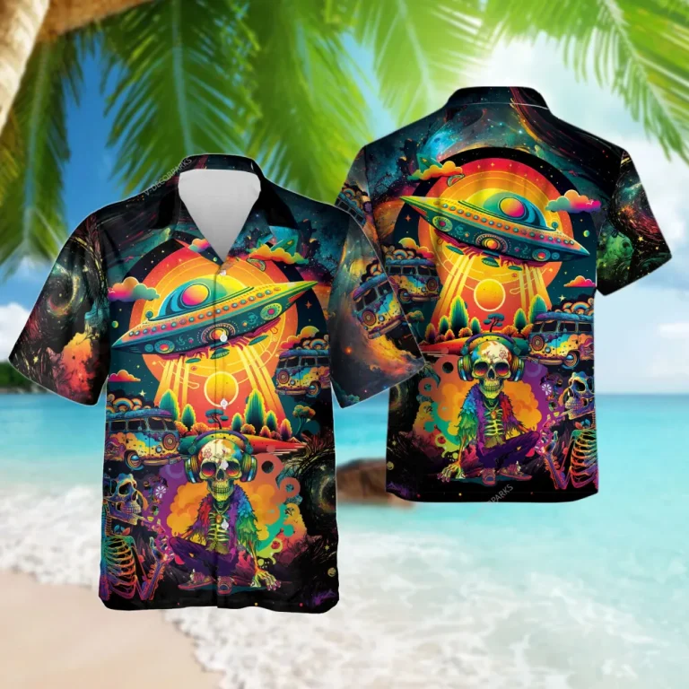Psychedelic Hippie Hawaiian Shirt For Men Women, Psychedelic Skull Summer Aloha Beach Shirt, Ufo Button Down Short Sleeves Shirt