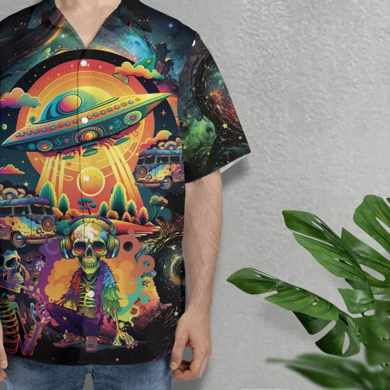 Psychedelic Hippie Hawaiian Shirt For Men Women, Psychedelic Skull Summer Aloha Beach Shirt, Ufo Button Down Short Sleeves Shirt