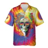 Hippie Skull Unisex Hawaiian Shirts, Hippie Tie Dye Summer Aloha Beach Shirt, Vibrant Hippie Button Down Short Sleeve Shirts For Men Women