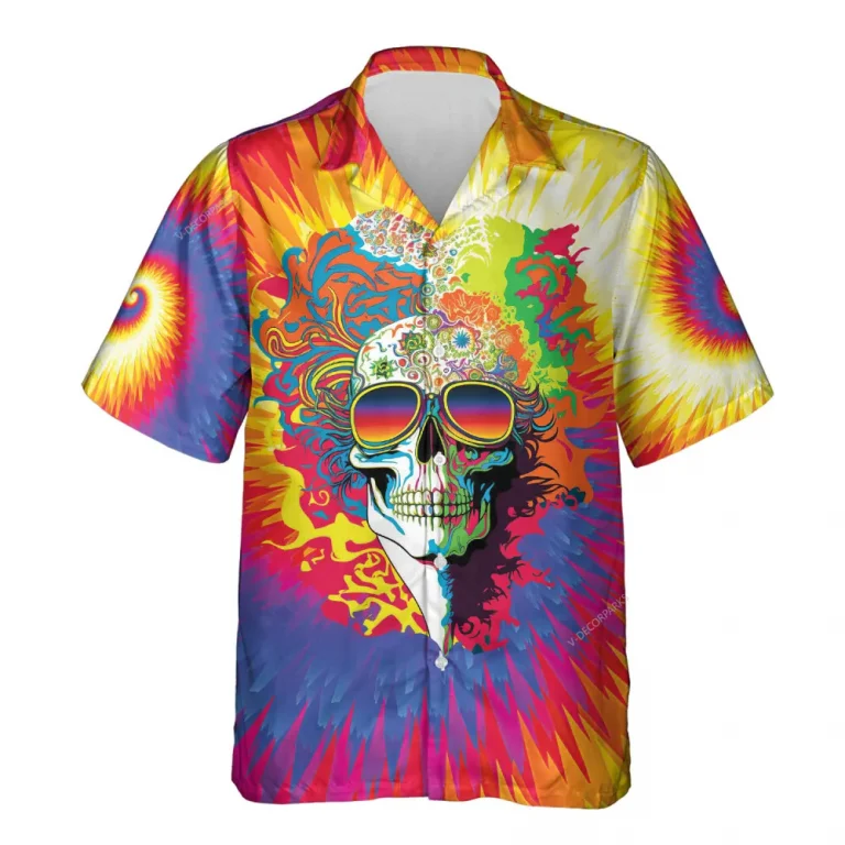 Hippie Skull Unisex Hawaiian Shirts, Hippie Tie Dye Summer Aloha Beach Shirt, Vibrant Hippie Button Down Short Sleeve Shirts For Men Women