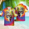 Hippie Skull Unisex Hawaiian Shirts, Hippie Tie Dye Summer Aloha Beach Shirt, Vibrant Hippie Button Down Short Sleeve Shirts For Men Women