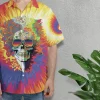 Hippie Skull Unisex Hawaiian Shirts, Hippie Tie Dye Summer Aloha Beach Shirt, Vibrant Hippie Button Down Short Sleeve Shirts For Men Women