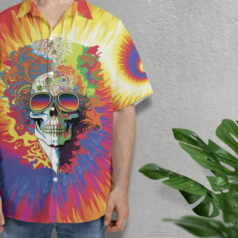 Hippie Skull Unisex Hawaiian Shirts, Hippie Tie Dye Summer Aloha Beach Shirt, Vibrant Hippie Button Down Short Sleeve Shirts For Men Women