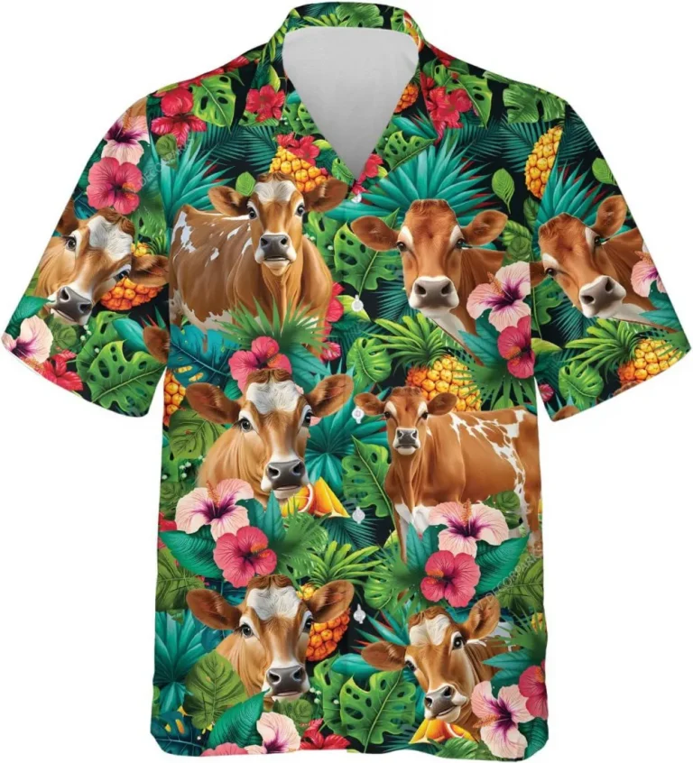 Cow And Tropical Pattern Hawaiian Shirts For Men Women, Tropical Farm Cow Button Down Mens Hawaiian Shirts, Summer Beach Shirt, Aloha Shirt