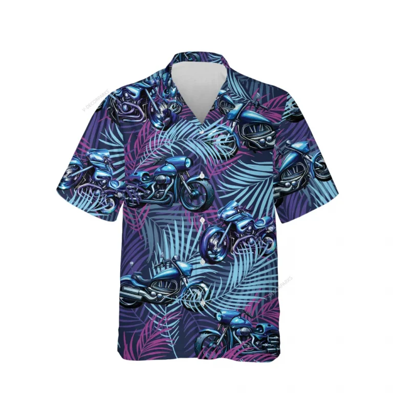 Tropical Motorbike Unisex Hawaiian Shirts, Motocycle Leaf Aloha Beach Shirt, Biker Crew Button Down Short Sleeve Shirts