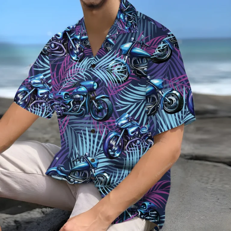 Tropical Motorbike Unisex Hawaiian Shirts, Motocycle Leaf Aloha Beach Shirt, Biker Crew Button Down Short Sleeve Shirts