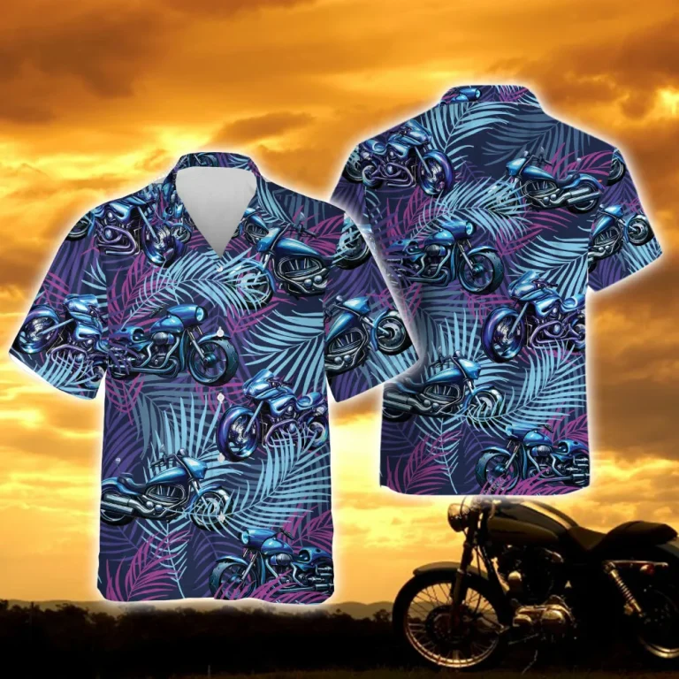 Tropical Motorbike Unisex Hawaiian Shirts, Motocycle Leaf Aloha Beach Shirt, Biker Crew Button Down Short Sleeve Shirts