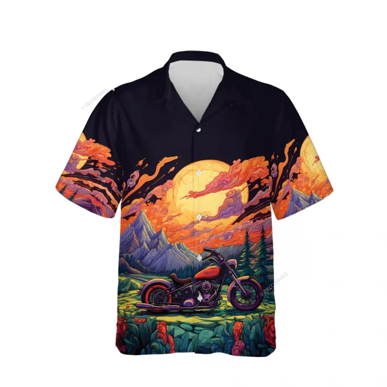 Tropical Motorbike Unisex Hawaiian Shirts, Motocycle Sunset Aloha Beach Shirt, Biker Crew Button Down Short Sleeve Shirts