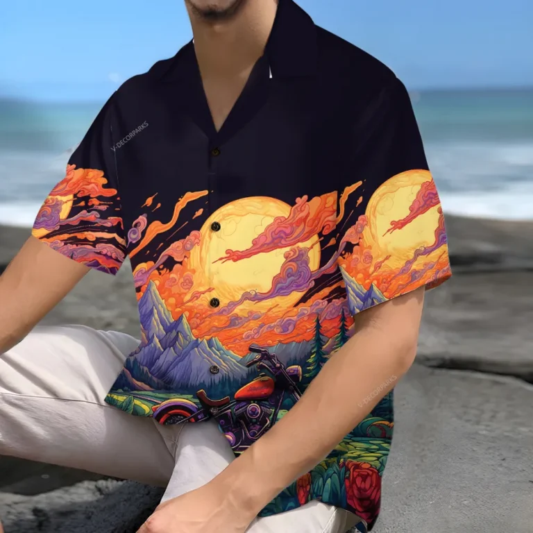 Tropical Motorbike Unisex Hawaiian Shirts, Motocycle Sunset Aloha Beach Shirt, Biker Crew Button Down Short Sleeve Shirts