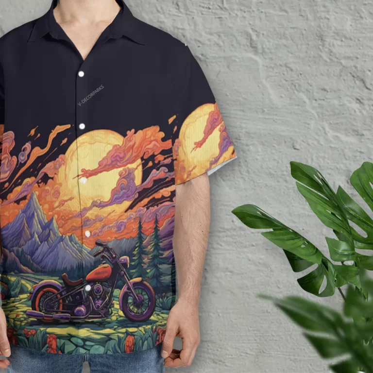 Tropical Motorbike Unisex Hawaiian Shirts, Motocycle Sunset Aloha Beach Shirt, Biker Crew Button Down Short Sleeve Shirts