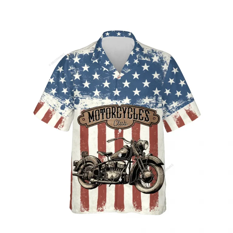 Us Flag Motorbike Unisex Hawaiian Shirts, American Motobike Aloha Beach Shirt, Biker Crew Button Down Short Sleeve Shirts