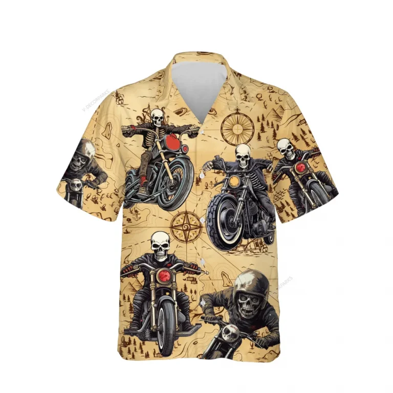 Skeleton Motorbike Unisex Hawaiian Shirts, Motocycle Map Aloha Beach Shirt, Vintage Biker Crew Button Down Short Sleeve Shirts
