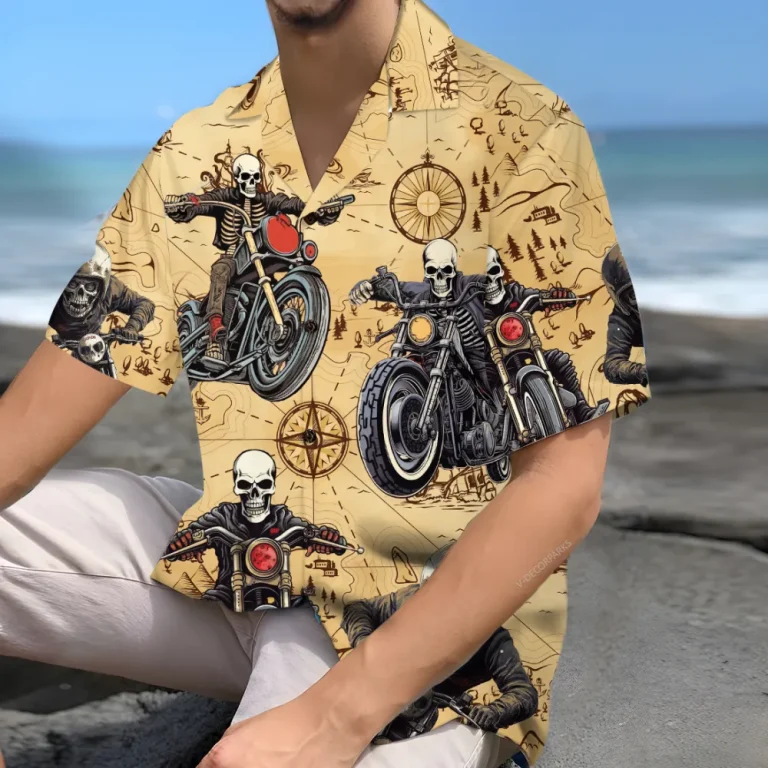 Skeleton Motorbike Unisex Hawaiian Shirts, Motocycle Map Aloha Beach Shirt, Vintage Biker Crew Button Down Short Sleeve Shirts