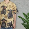 Skeleton Motorbike Unisex Hawaiian Shirts, Motocycle Map Aloha Beach Shirt, Vintage Biker Crew Button Down Short Sleeve Shirts