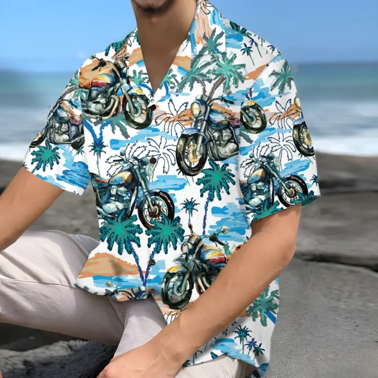 Tropical Motorbike Unisex Hawaiian Shirts, Motobike Palm Tree Aloha Beach Shirt, Biker Crew Button Down Short Sleeve Shirts