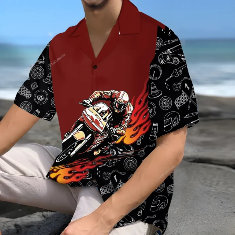 Fire Motorbike Unisex Hawaiian Shirts, Motobike Racing Summer Aloha Beach Shirt, Biker Crew Button Down Short Sleeve Shirts