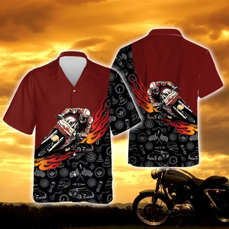 Fire Motorbike Unisex Hawaiian Shirts, Motobike Racing Summer Aloha Beach Shirt, Biker Crew Button Down Short Sleeve Shirts