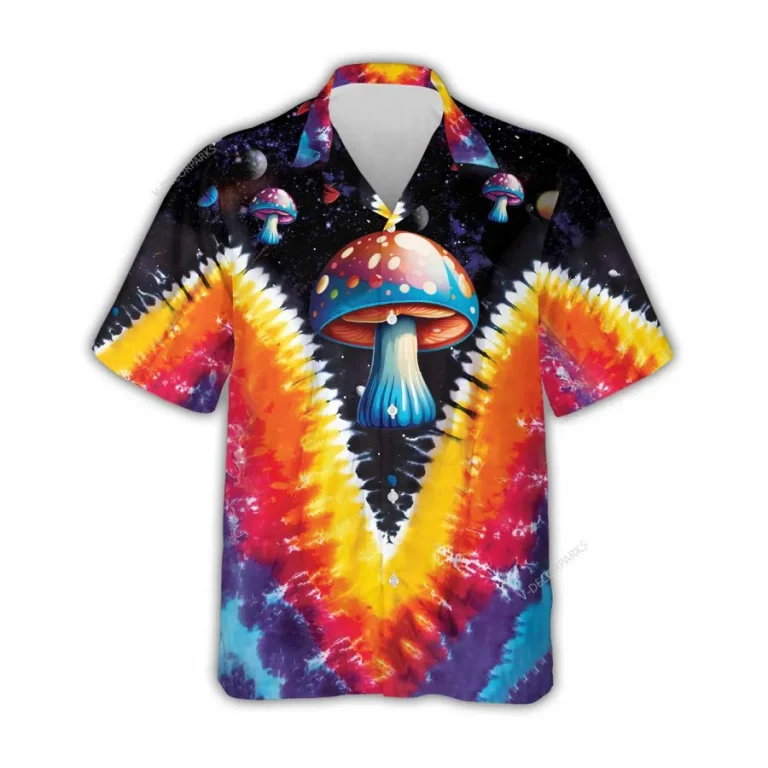 Psychedelic Magic Mushroom Hawaiian Shirt For Men Women, Trippy Mushroom Summer Aloha Beach Shirt, Tie Dye Hippie Button Down Short Sleeves Shirt