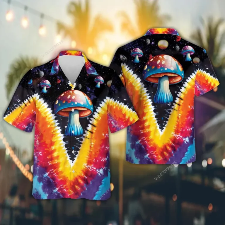 Psychedelic Magic Mushroom Hawaiian Shirt For Men Women, Trippy Mushroom Summer Aloha Beach Shirt, Tie Dye Hippie Button Down Short Sleeves Shirt