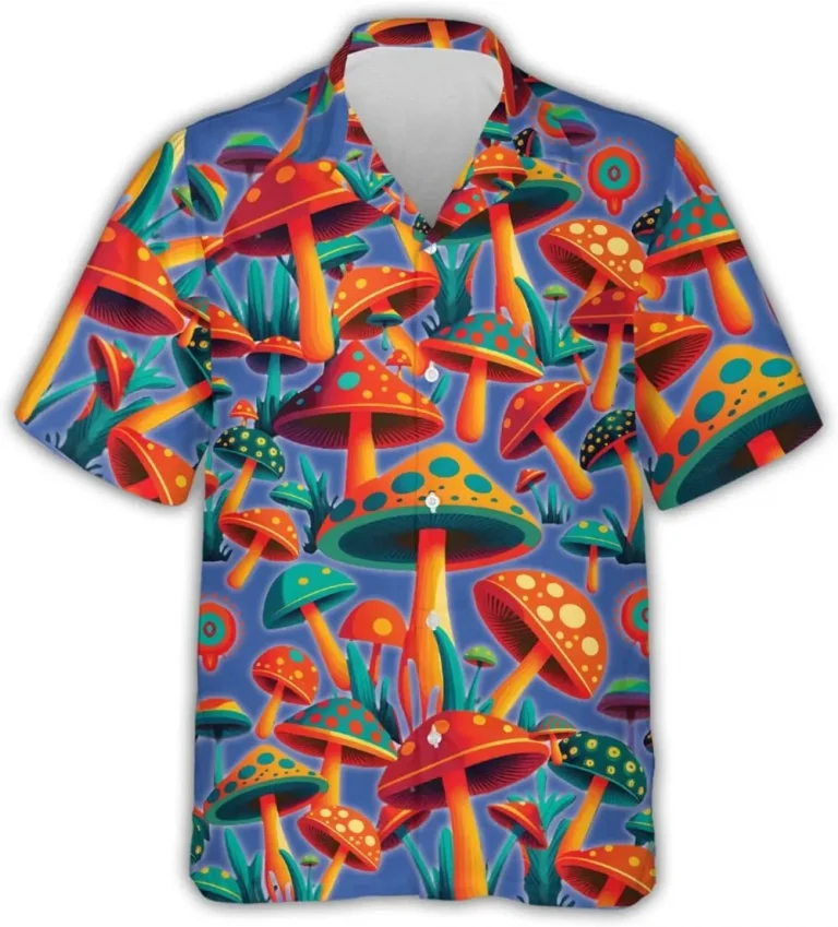 Colorful Mushroom Hawaiian Shirts For Men, Mushroom Pattern Shirts, Tropical Printed Shirts, Hippie Mushroom Casual Button Down Short Sleeve Shirts