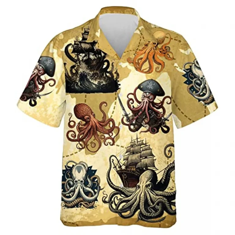 Vintage Octopus Hawaiian Shirts For Men, Mythical Creatures Hawaiian Shirts, Ocean Octopus Button Down Mens Shirts Short Sleeve, Summer Beach Shirts