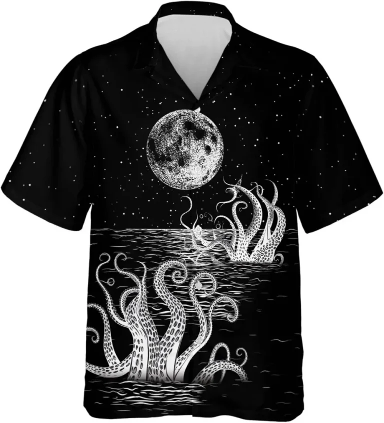 Tentacles Hawaiian Shirts For Men, Mysterious Moon Night Hawaiian Shirt, Mythical Creatures Casual Button Down Mens Hawaiian Shirts Short Sleeve