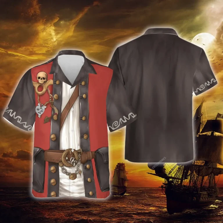 Pirate Costume Hawaiian Shirts For Men Women, Vintage Pirate Style Aloha Beach Shirt, Horror Skeleton Casual Button Down Shirt