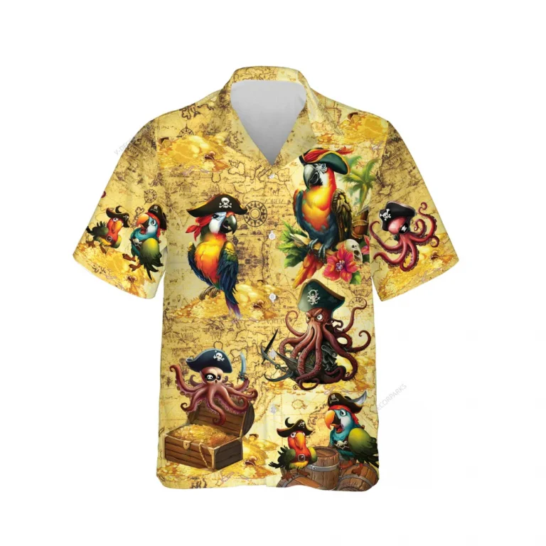 Treasure Hunt Pirates Hawaiian Shirts For Men Women, Parrot Pirate Style Aloha Beach Shirt, Funny Bird Casual Button Down Shirt